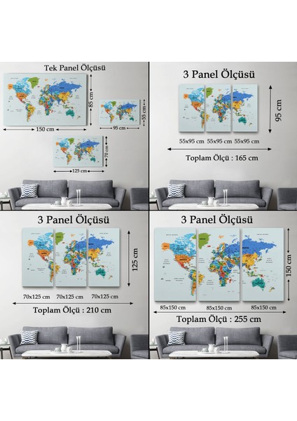 Türkçe Detaylı Dünya Haritası Dekoratif Renkli Zeminli Kanvas Tablo 1707