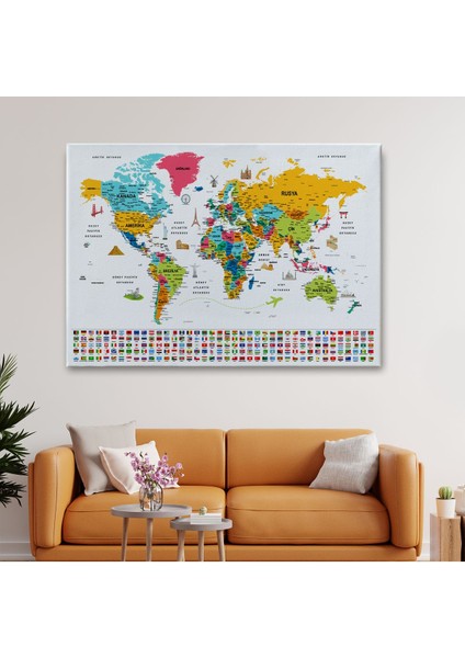 Türkçe Dünya Haritası Ayrıntılı Eğitici Sembollü Bayraklı Dekoratif Kanvas Tablo 2868 fiyatları