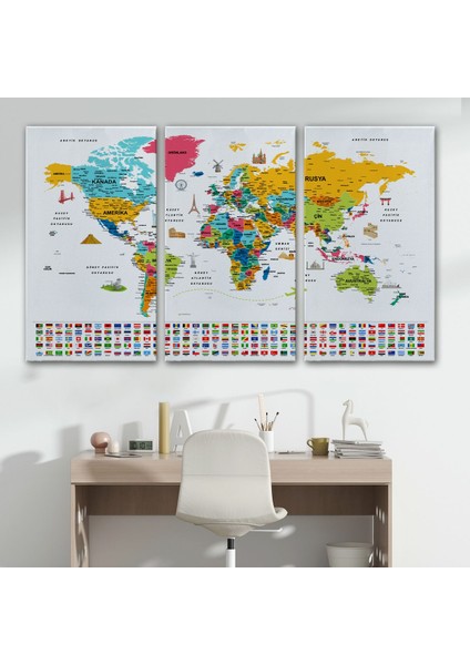 Türkçe Dünya Haritası Ayrıntılı Eğitici Sembollü Bayraklı Dekoratif Kanvas Tablo 2868 modelleri