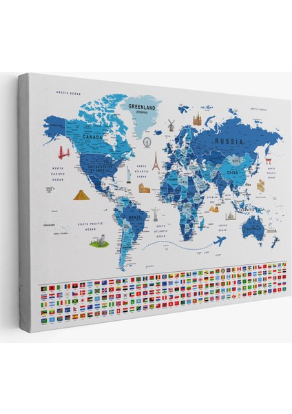 Dünya Haritası Ayrıntılı Eğitici Sembollü Bayraklı Dekoratif Kanvas Tablo 2829