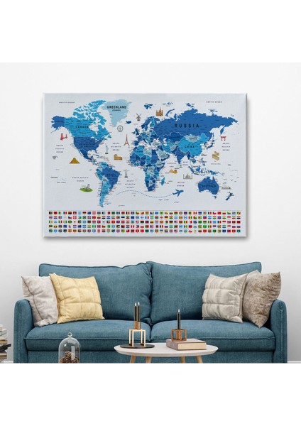 Dünya Haritası Ayrıntılı Eğitici Sembollü Bayraklı Dekoratif Kanvas Tablo 2829 fiyatları