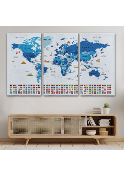 Dünya Haritası Ayrıntılı Eğitici Sembollü Bayraklı Dekoratif Kanvas Tablo 2829 modelleri