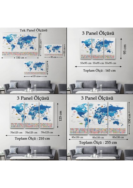Dünya Haritası Ayrıntılı Eğitici Sembollü Bayraklı Dekoratif Kanvas Tablo 2829