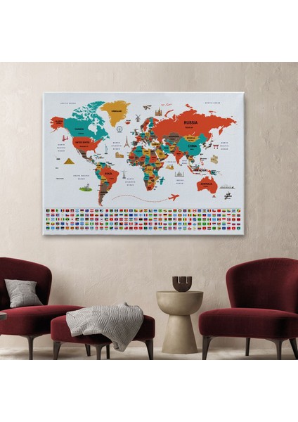 Dünya Haritası Ülke Bayraklı ve Başkentli Kanvas Tablo 1923 fiyatları