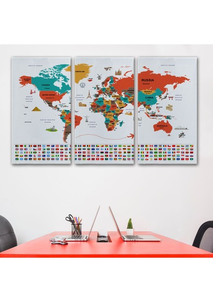 Dünya Haritası Ülke Bayraklı ve Başkentli Kanvas Tablo 1923 modelleri