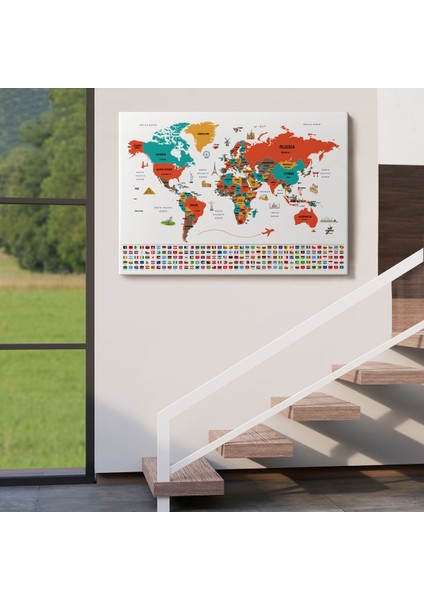 Dünya Haritası Ülke Bayraklı ve Başkentli Kanvas Tablo 1923 indirimleri