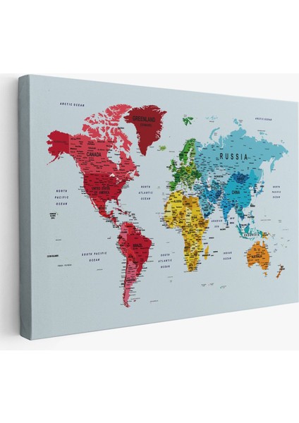 Detaylı Dünya Haritası Dekoratif Renkli Zeminli Kanvas Tablo 1700