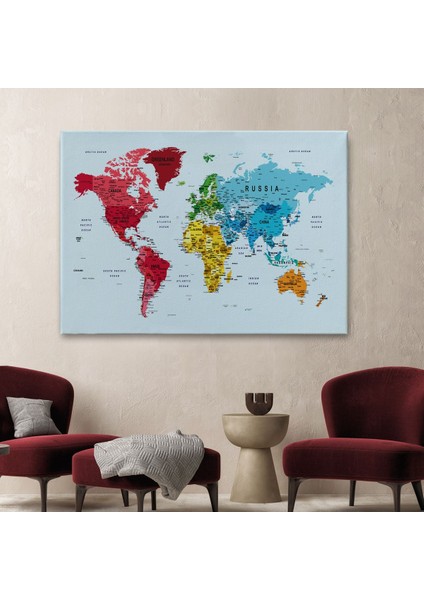 Detaylı Dünya Haritası Dekoratif Renkli Zeminli Kanvas Tablo 1700 fiyatları