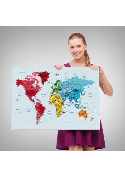 Detaylı Dünya Haritası Dekoratif Renkli Zeminli Kanvas Tablo 1700 fırsatları