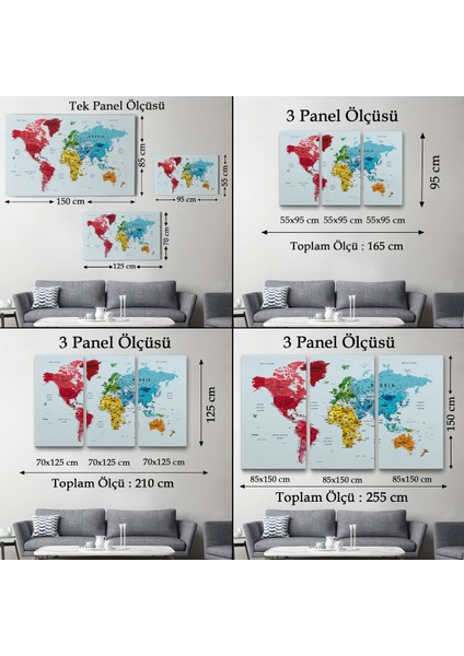 Detaylı Dünya Haritası Dekoratif Renkli Zeminli Kanvas Tablo 1700