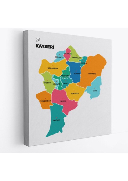 Kayseri Ili ve Ilçeler Haritası Dekoratif Kanvas Tablo 1385