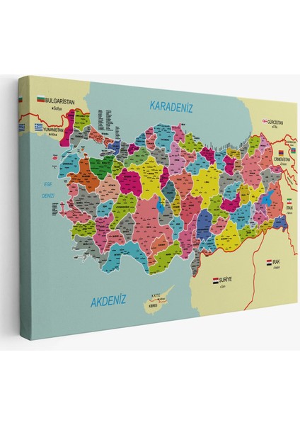 Türkiye Haritası Kanvas Tablo Il ve Ilçeli Ayrıntılı Eğitici Komşulu Tablo 2996