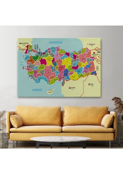 Türkiye Haritası Kanvas Tablo Il ve Ilçeli Ayrıntılı Eğitici Komşulu Tablo 2996 fiyatları