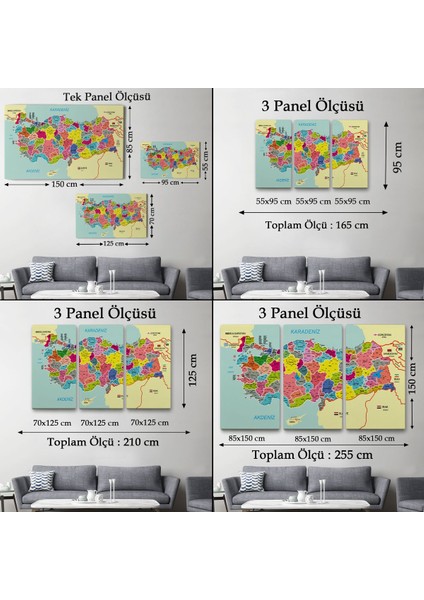 Türkiye Haritası Kanvas Tablo Il ve Ilçeli Ayrıntılı Eğitici Komşulu Tablo 2996