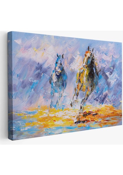 Koşan Atlar Yağlıboya Görünüm Dekoratif Kanvas Duvar TABLOSU-3490