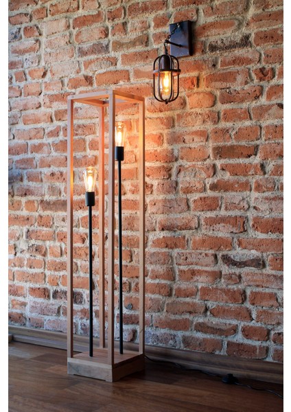 120 cm Doğal Ahşap Kayın Ağacı El Yapımı Çift Ampullü Retro Lambader Rustik LED Ampul Hediyeli