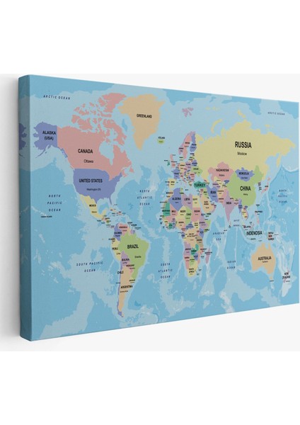 Dünya Haritası Ülke Başkentli Okyanuslu ve Dekoratif Kanvas Tablo 2233