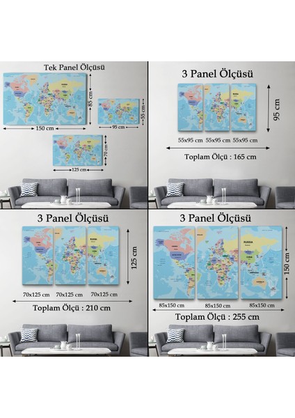 Dünya Haritası Ülke Başkentli Okyanuslu ve Dekoratif Kanvas Tablo 2233