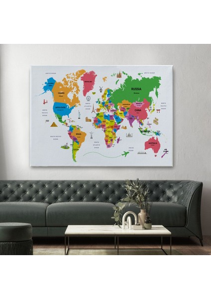 Dünya Haritası Dekoratif Kanvas Tablo Ülke ve Başkentli Öğretici ve Sembollü 2273 fiyatları
