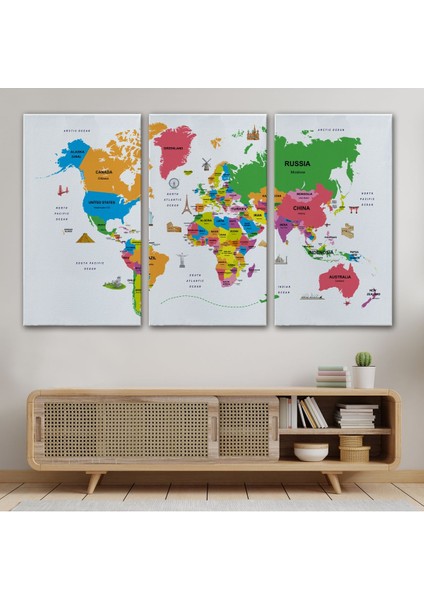 Dünya Haritası Dekoratif Kanvas Tablo Ülke ve Başkentli Öğretici ve Sembollü 2273 modelleri