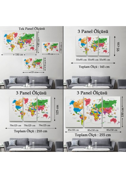 Dünya Haritası Dekoratif Kanvas Tablo Ülke ve Başkentli Öğretici ve Sembollü 2273