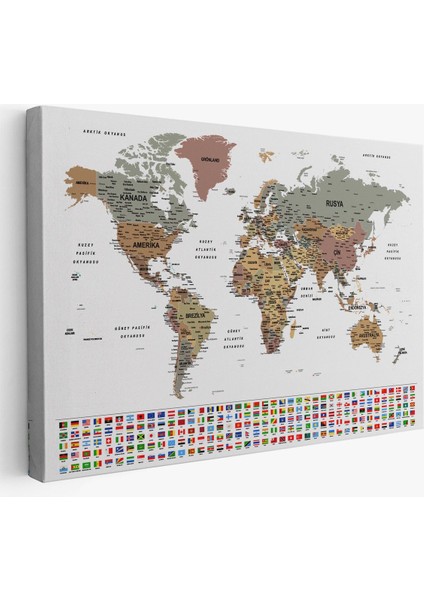 Türkçe Dünya Haritası Son Derece Ayrıntılı Eğitici ve Bayraklı Kanvas Tablo 2809