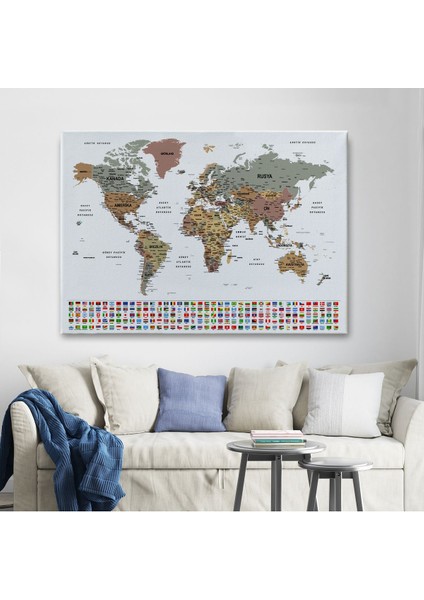 Türkçe Dünya Haritası Son Derece Ayrıntılı Eğitici ve Bayraklı Kanvas Tablo 2809 fiyatları