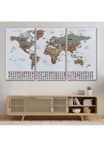 Türkçe Dünya Haritası Son Derece Ayrıntılı Eğitici ve Bayraklı Kanvas Tablo 2809 modelleri