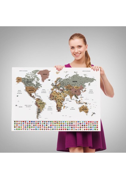 Türkçe Dünya Haritası Son Derece Ayrıntılı Eğitici ve Bayraklı Kanvas Tablo 2809 fırsatları