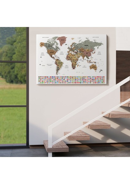 Türkçe Dünya Haritası Son Derece Ayrıntılı Eğitici ve Bayraklı Kanvas Tablo 2809 indirimleri