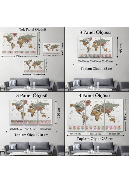 Türkçe Dünya Haritası Son Derece Ayrıntılı Eğitici ve Bayraklı Kanvas Tablo 2809