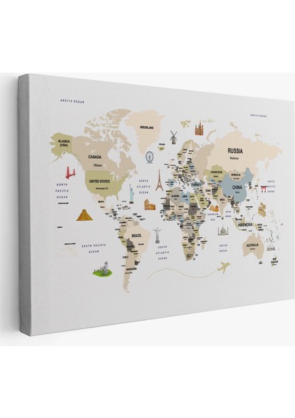 Dünya Haritası Dekoratif Kanvas Tablo Ülke ve Başkentli Öğretici ve Sembollü 2301