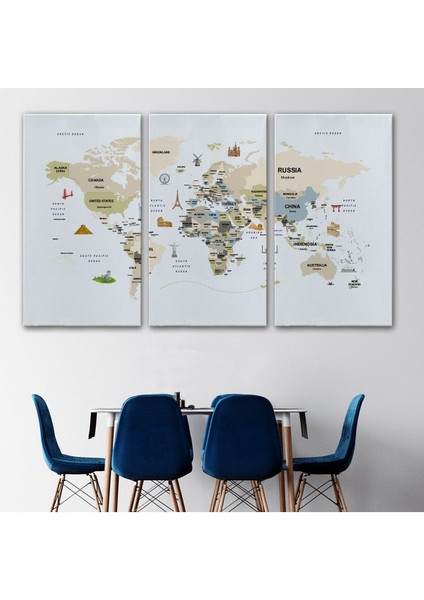 Dünya Haritası Dekoratif Kanvas Tablo Ülke ve Başkentli Öğretici ve Sembollü 2301 modelleri