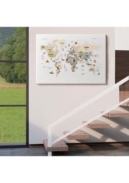 Dünya Haritası Dekoratif Kanvas Tablo Ülke ve Başkentli Öğretici ve Sembollü 2301 indirimleri