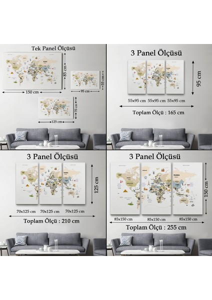 Dünya Haritası Dekoratif Kanvas Tablo Ülke ve Başkentli Öğretici ve Sembollü 2301
