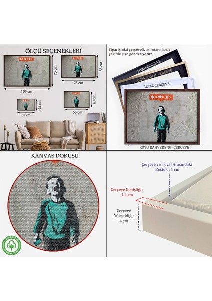 Çerçeveli Bansky Takipçisi Olmadığı Için Ağlayan Sosyal Medya Cocugu Kanvas TABLO-5021 indirimleri