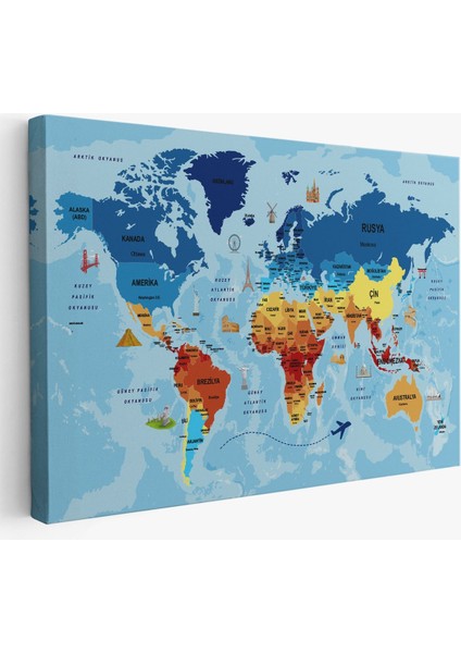 Türkçe Dünya Haritası Sembollü ve Okyanuslu Dekoratif Kanvas Tablo 2422