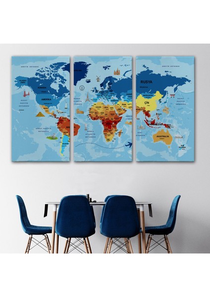 Türkçe Dünya Haritası Sembollü ve Okyanuslu Dekoratif Kanvas Tablo 2422 modelleri