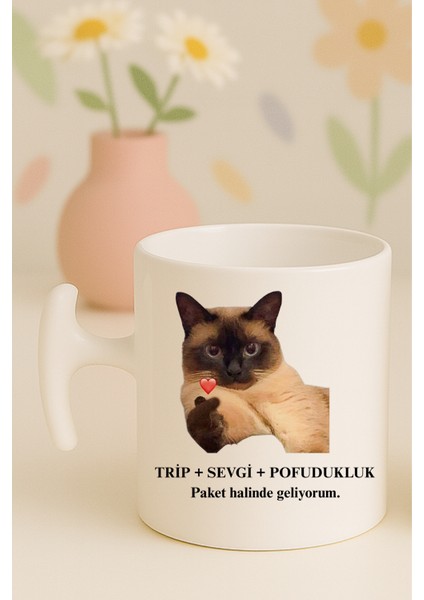 Trip Sevgi Pofudukluk Yazılı Kedili Komik Kupa Bardak, Hammer Kulplu, Hediyelik