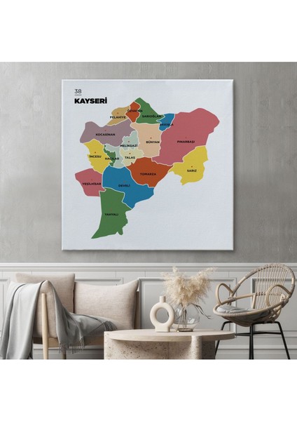 Kayseri Ili ve Ilçeler Haritası Dekoratif Kanvas Tablo 1386 fiyatları
