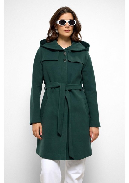 Kapüşonlu Pelerin Detaylı Kaban Yeşil 3109