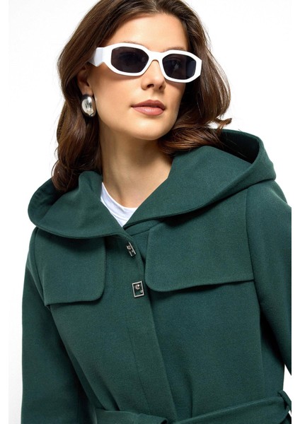 Kapüşonlu Pelerin Detaylı Kaban Yeşil 3109 modelleri