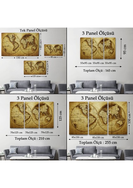 Eskitme Dünya Haritası Vintage Dekoratif Kanvas Tablo 1105(TEK Parça)