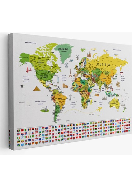 Dünya Haritası Ayrıntılı Eğitici Sembollü Bayraklı Dekoratif Kanvas Tablo 2875