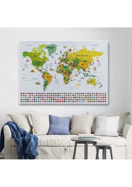 Dünya Haritası Ayrıntılı Eğitici Sembollü Bayraklı Dekoratif Kanvas Tablo 2875 fiyatları