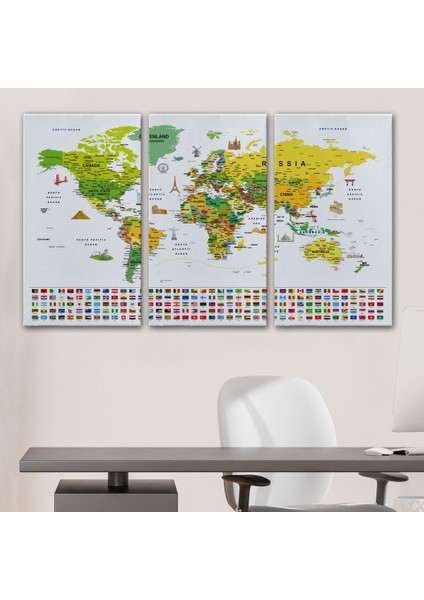Dünya Haritası Ayrıntılı Eğitici Sembollü Bayraklı Dekoratif Kanvas Tablo 2875 modelleri