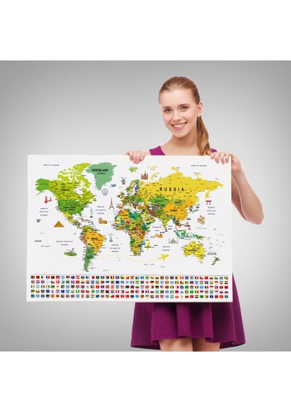 Dünya Haritası Ayrıntılı Eğitici Sembollü Bayraklı Dekoratif Kanvas Tablo 2875 fırsatları