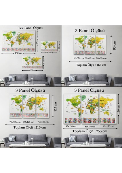 Dünya Haritası Ayrıntılı Eğitici Sembollü Bayraklı Dekoratif Kanvas Tablo 2875