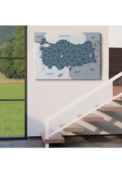 Türkiye Haritası Kanvas Tablo Sınır Komşulu Eğitici ve Öğretici Dekoratif Tablo 3093