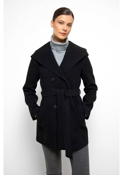 Kapüşonlu Kruvaze Kısa Kaban Siyah 3103